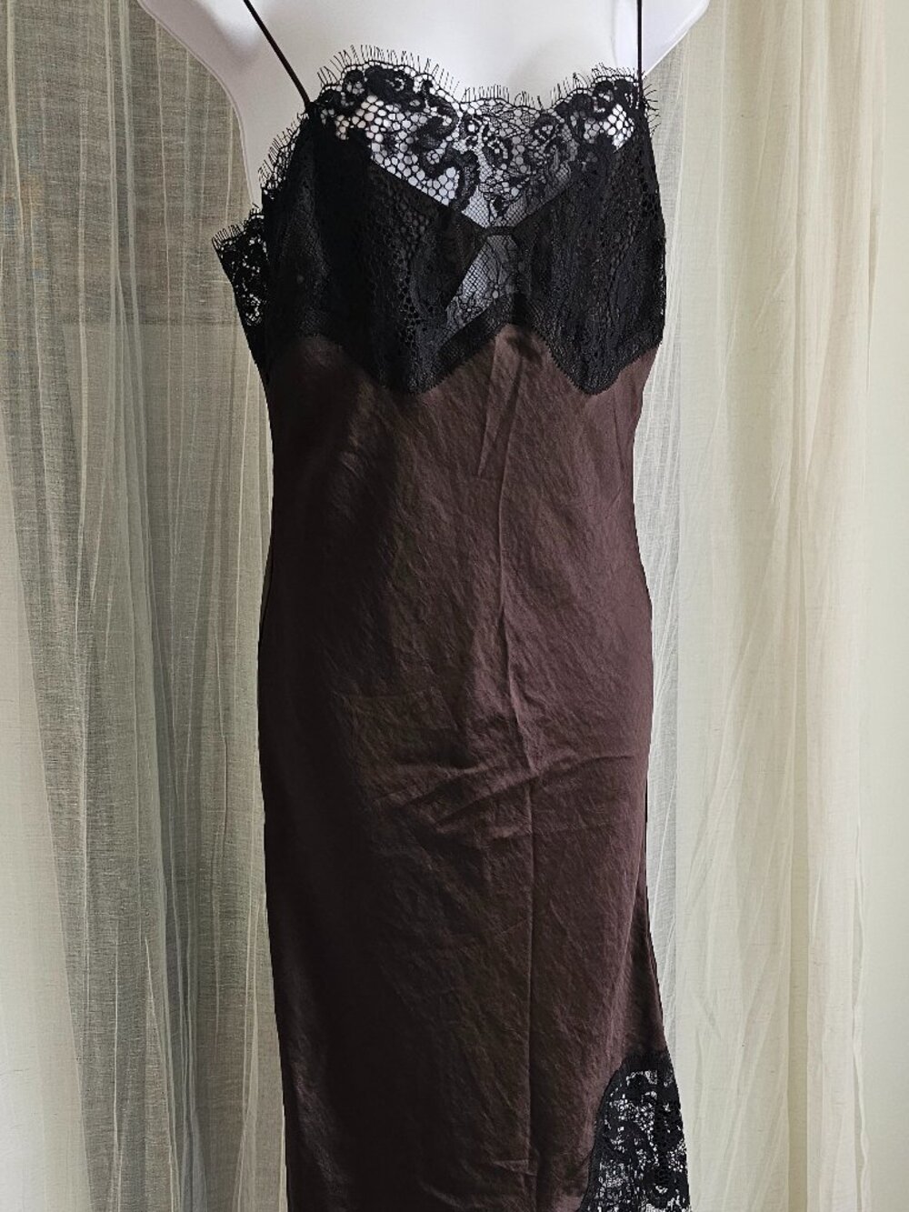Zara Asymmetrical Hem Lace Effect Midi Dress Brown Size L NWT
